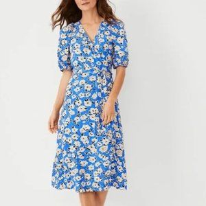 Nwot ANN TAYLOR LOFT Blue Floral Puff Sleeve Wrap Dress